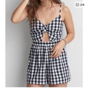 American Eagle Outfitters Navy and White Plaid Romper